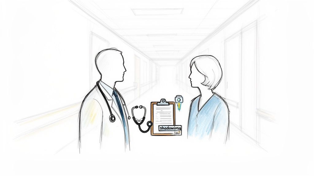 An illustration of a doctor and medical professional discussing 'shadowing' in a hospital corridor.