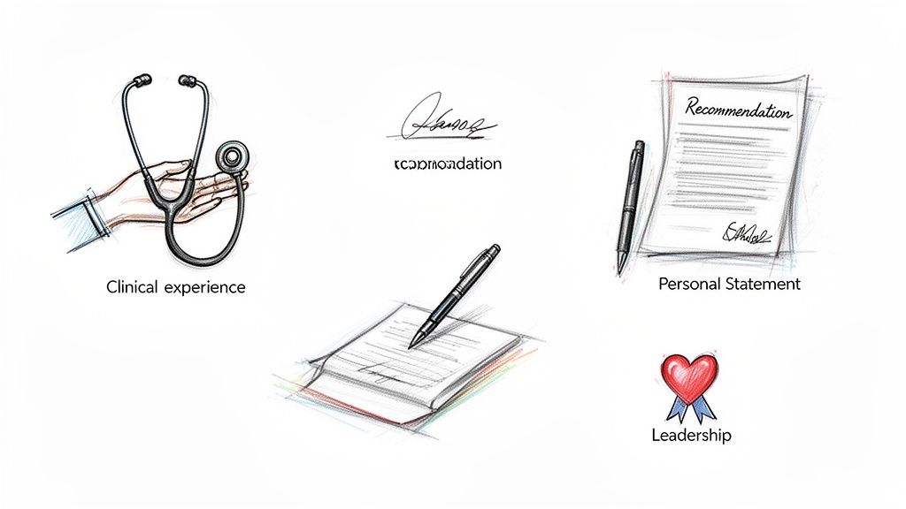 Sketches of a stethoscope, documents, and a heart symbolizing medical school requirements and qualities.