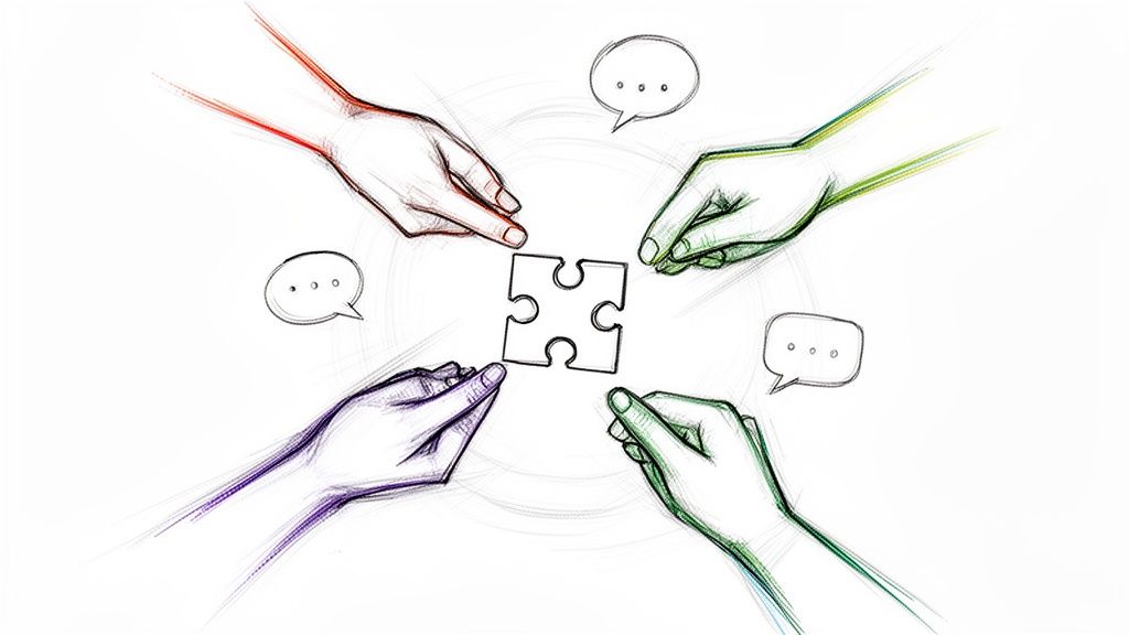 Four diverse hands, outlined in different colors, collaboratively solving a puzzle piece with speech bubbles.