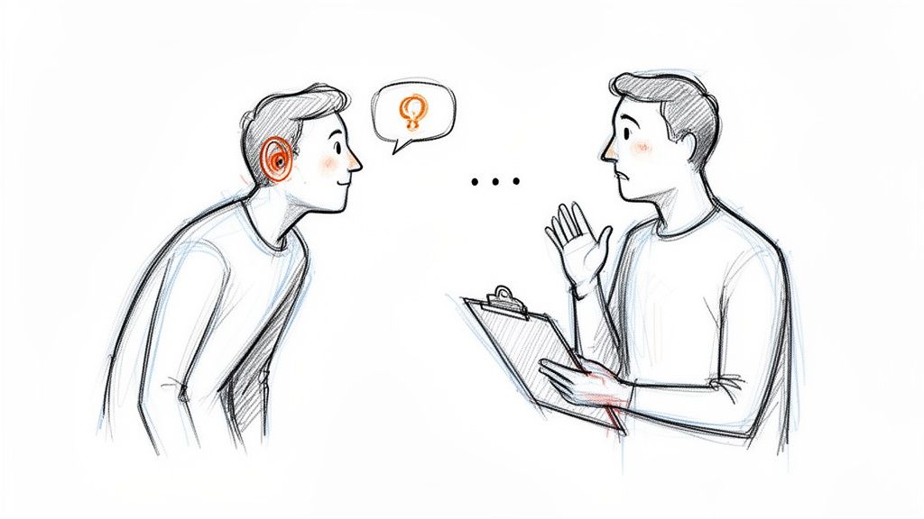 A man actively listens with highlighted ear during an interview while another man speaks, holding a clipboard.