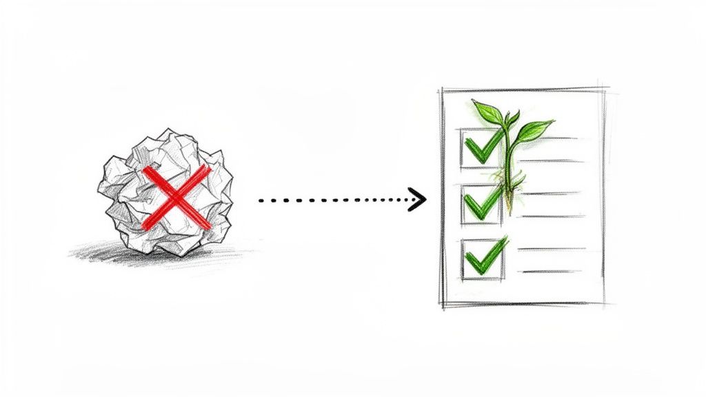 A crumpled paper with a red X transforms into a checklist with green checkmarks and a growing plant, symbolizing progress.