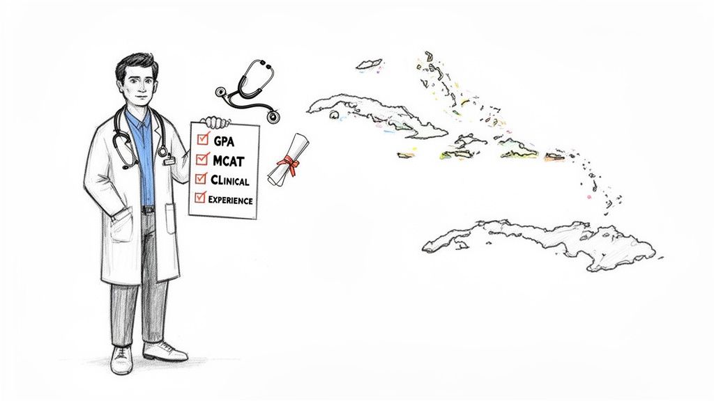 A doctor with a stethoscope holds a checklist for medical school requirements, with Caribbean islands nearby.