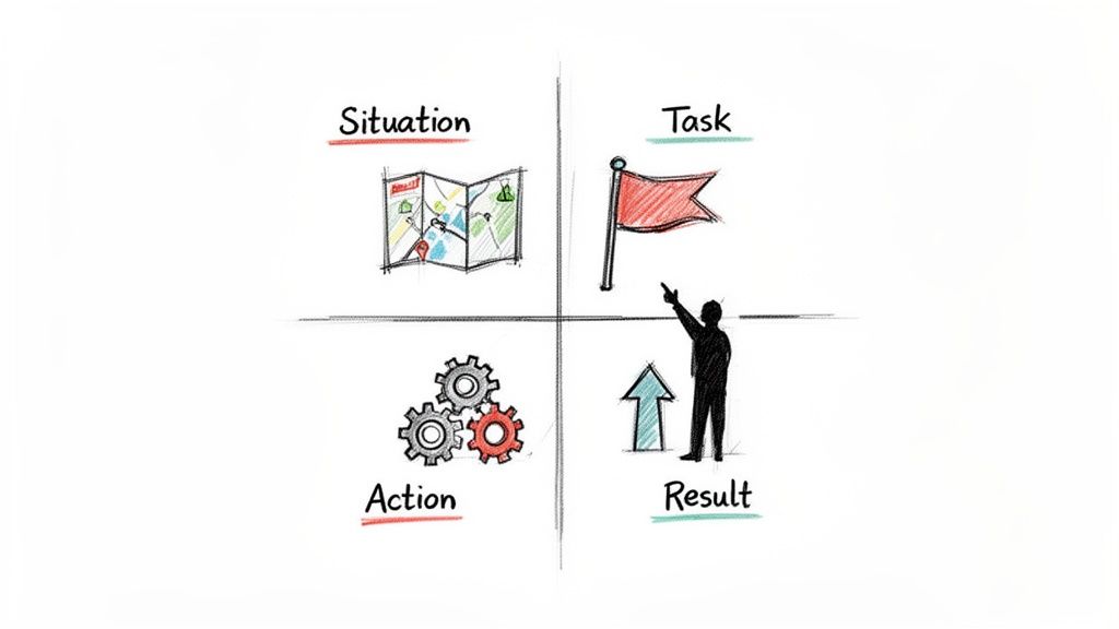 Illustrative diagram of the STAR method showing Situation, Task, Action, and Result with icons.