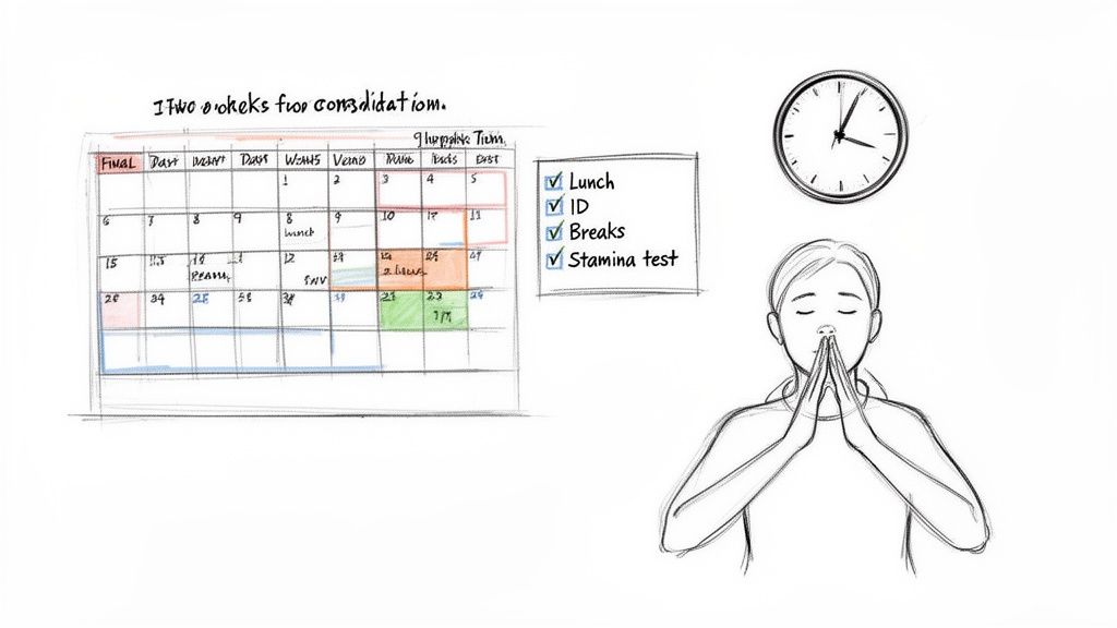 A sketch showing a study calendar, a checklist, a clock, and a person meditating.