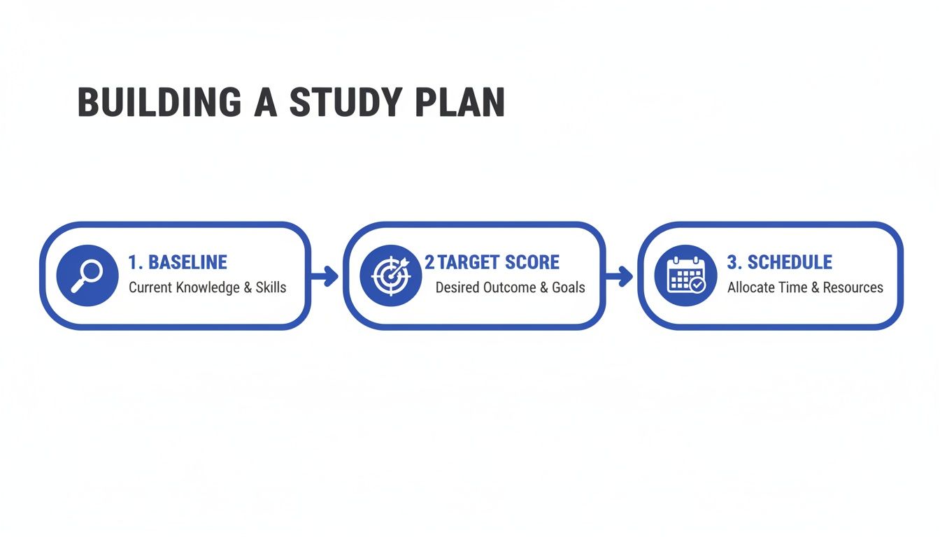 A diagram outlining three steps to building a study plan: Baseline, Target Score, and Schedule.