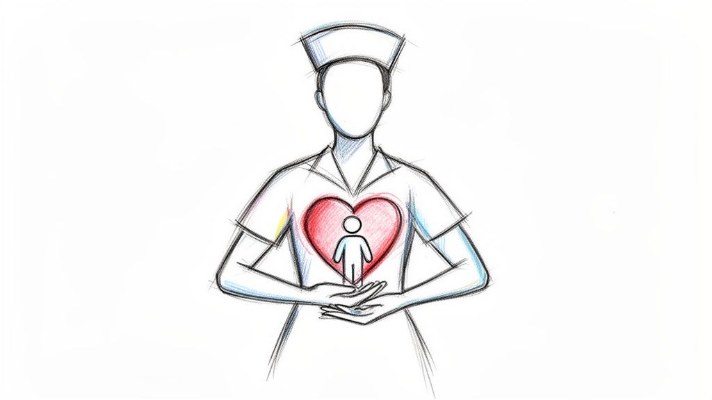 A caring nurse sketch with a red heart on the chest, embracing a small patient figure.