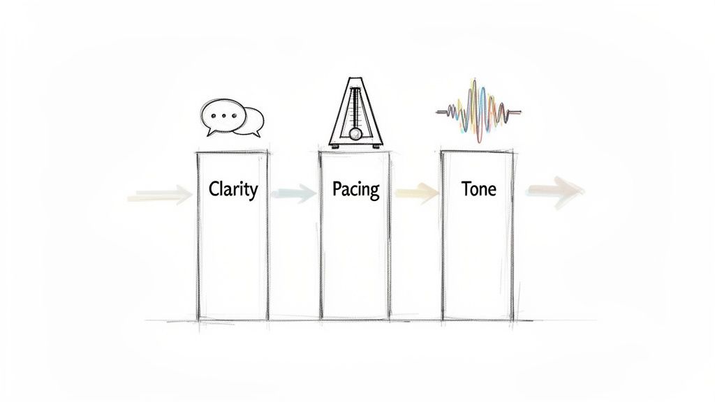 Diagram showing three pillars of verbal communication: Clarity, Pacing, and Tone, with illustrative icons.
