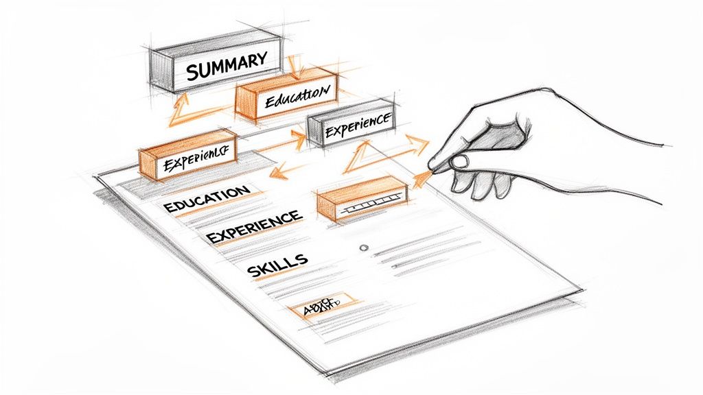 A hand interactively building a resume, organizing sections like summary, education, experience, and skills.