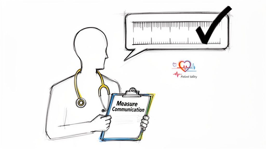 Doctor measures communication on a clipboard with a ruler and checkmark, emphasizing patient safety.