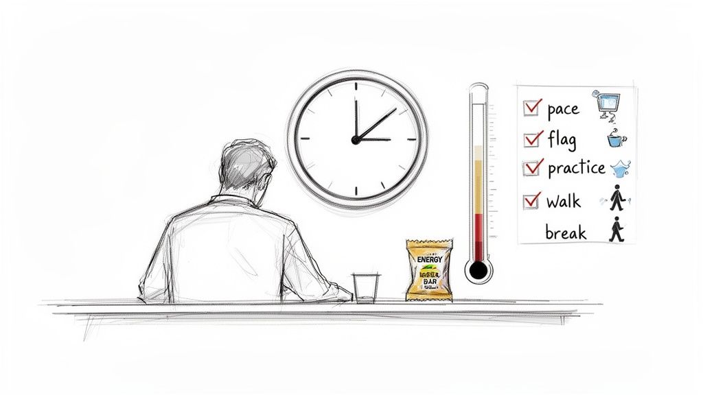 A person sits at a desk with a clock, energy bar, and a checklist of tasks completed.