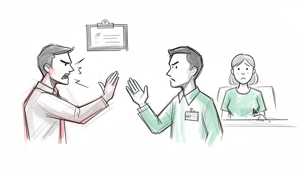 Illustration of two men arguing aggressively, while a worried woman observes silently.