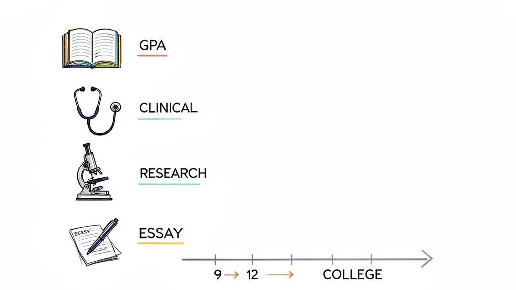 An illustration listing factors for BS MD programs: GPA, Clinical, Research, and Essay, with a timeline from 9th grade to college.