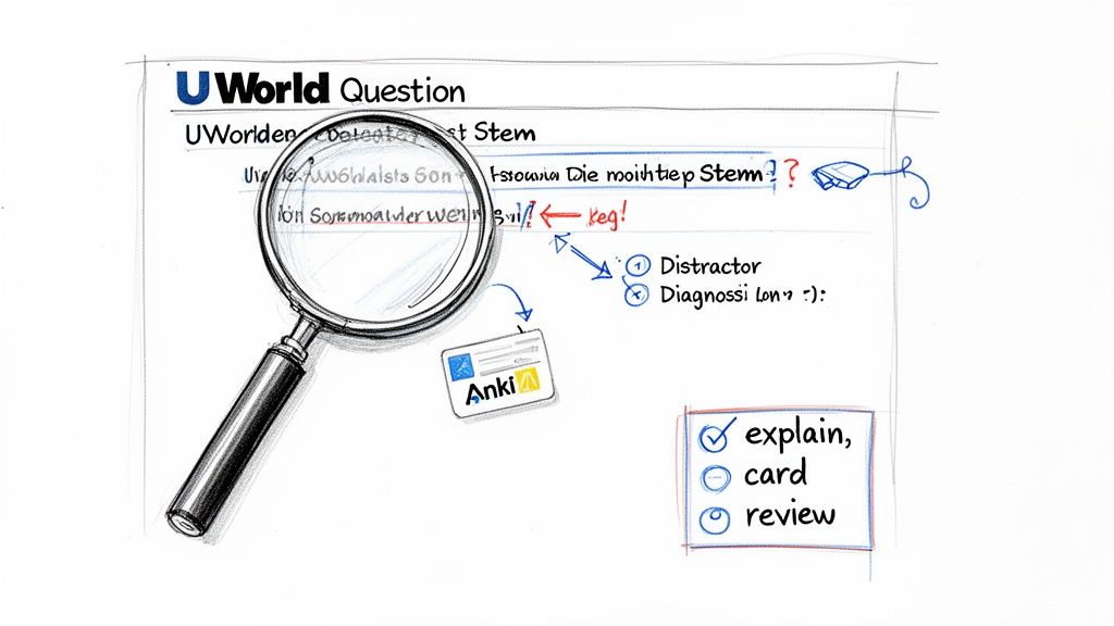 Detailed sketch of UWorld question review with magnifying glass, study notes, and Anki card.