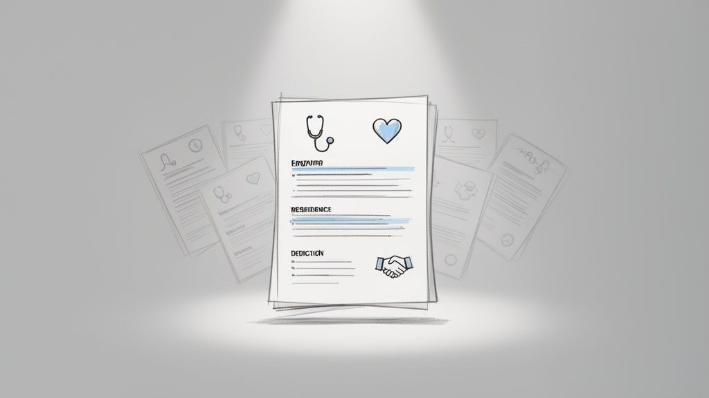 A spotlight illuminates stylized medical application documents with stethoscope, heart, and handshake icons.