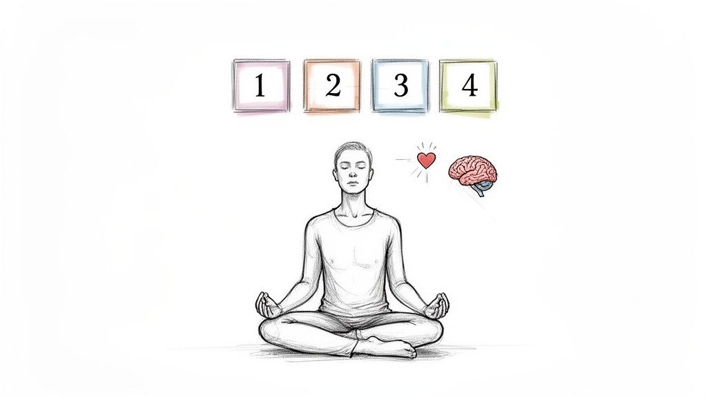 A person meditating in lotus position with numbered boxes, a heart, and a brain, symbolizing focus.