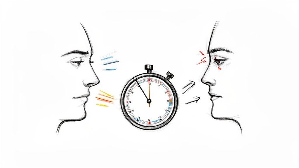 Illustration of two faces and a stopwatch, symbolizing communication, timed responses, or interviews.