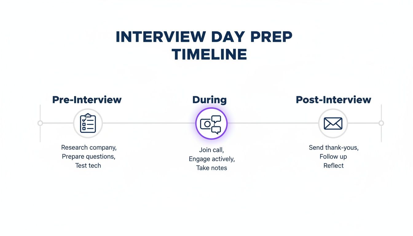 A timeline graphic detailing pre-interview, during, and post-interview preparation steps.