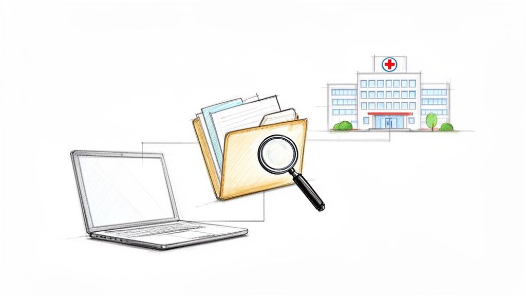 A sketch illustration showing a laptop, a folder with medical documents, a magnifying glass, and a hospital.