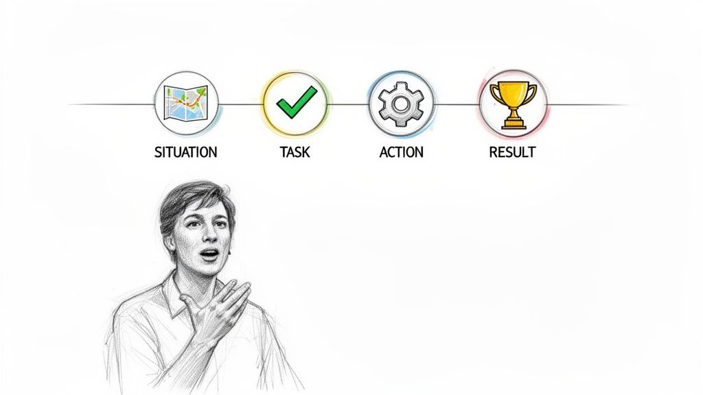 Diagram illustrating the STAR method with icons for situation, task, action, result, and a person speaking.