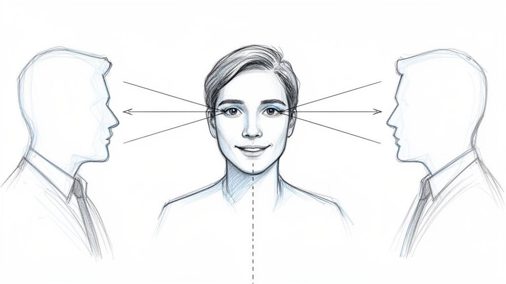An illustration of a woman maintaining eye contact with two individuals from different perspectives.