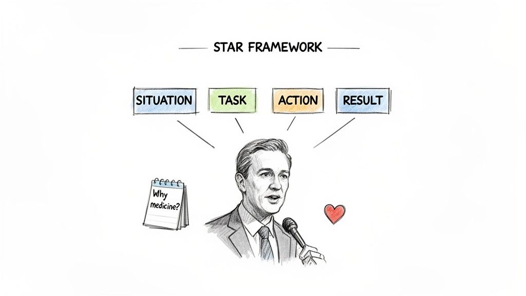 An illustration of the STAR framework (Situation, Task, Action, Result) for interview preparation.
