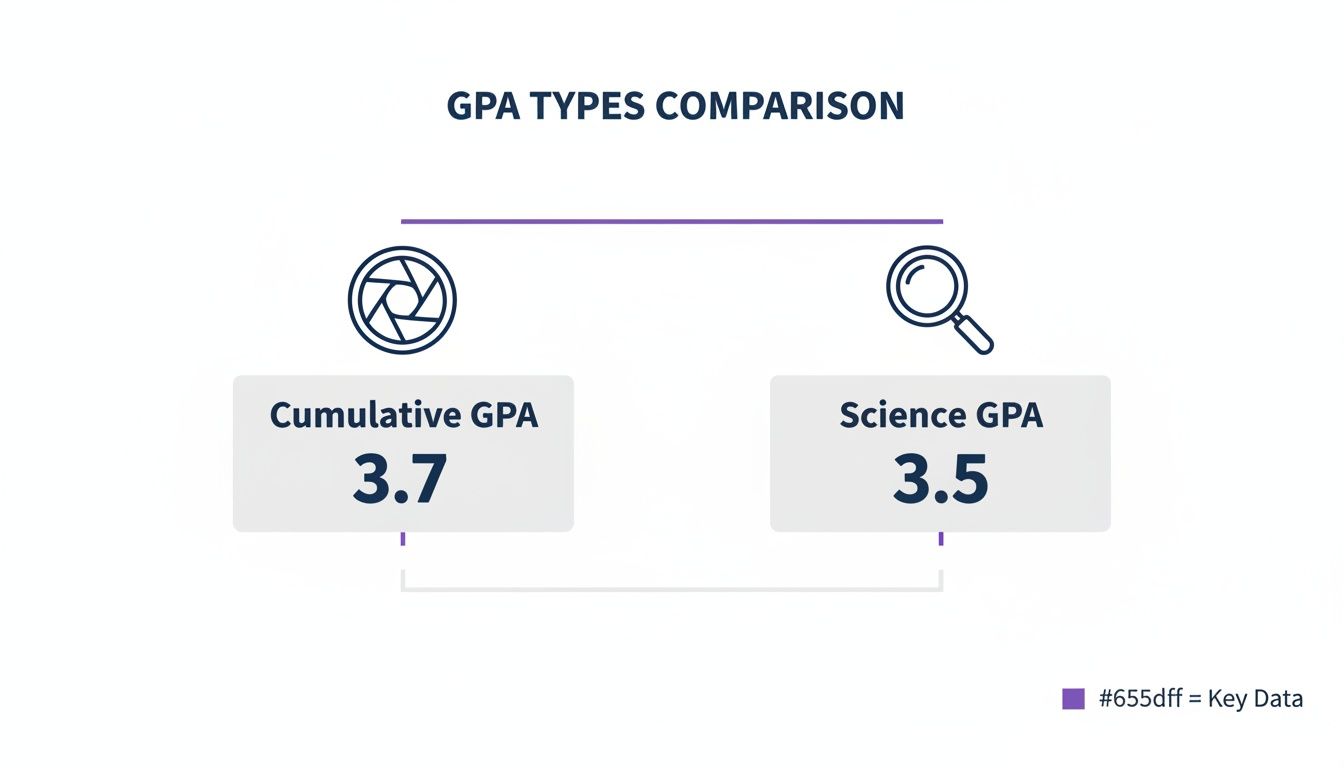 A visual comparison infographic showing a Cumulative GPA of 3.7 and a Science GPA of 3.5.
