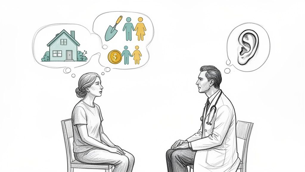 A sketch of a female patient and a male doctor sitting, their differing thoughts illustrated.