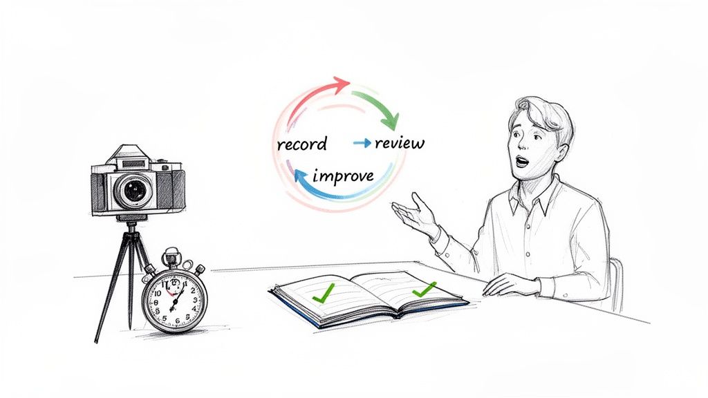 Illustration showing a man practicing for an interview, using a camera to record, review, and improve his performance.