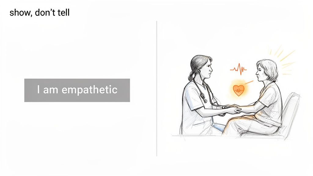 Illustration contrasting 'I am empathetic' text with a doctor showing compassion to a patient.