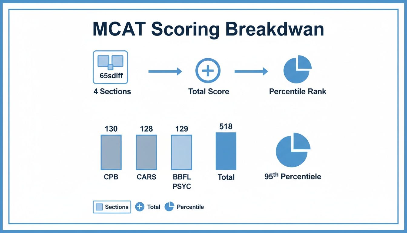 Infographic showing MCAT scoring breakdown, individual section scores, total score, and percentile rank.