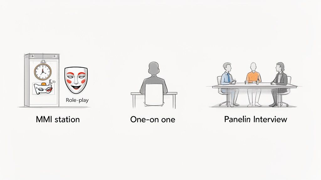 Illustrations depict three interview formats: MMI station with role-play, one-on-one, and panel interview.