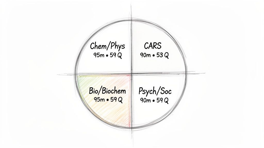 MCAT exam section breakdown with Chemistry/Physics, CARS, Biology/Biochemistry, Psychology/Sociology, times and questions.