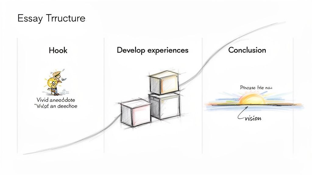 A visual guide illustrating essay structure with sections for hook, developing experiences, and conclusion.