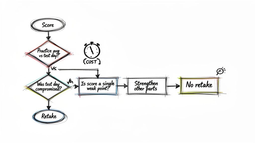 A hand-drawn flowchart guides the decision to retake a test based on performance analysis.
