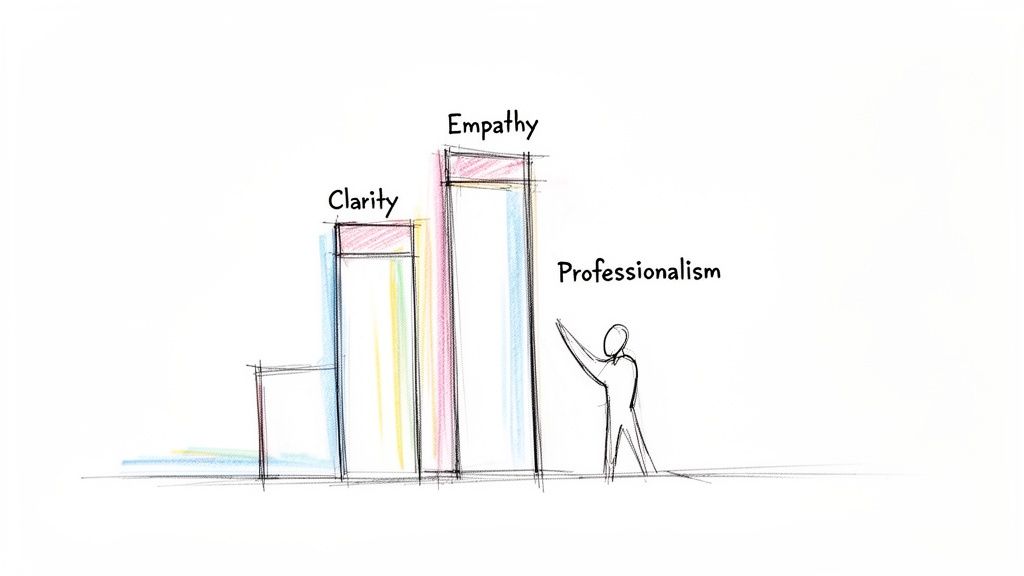 Hand-drawn diagram showing three ascending bars labeled Clarity, Empathy, and Professionalism, with a person.