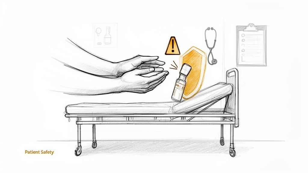 An illustration of patient safety in a healthcare setting, showing hands, medicine, a warning, and a shield.