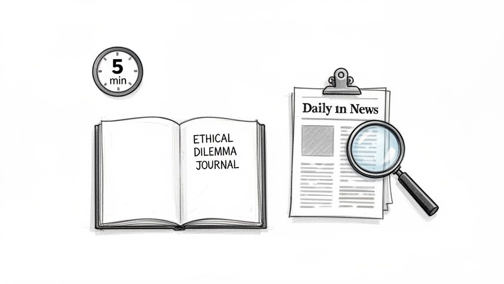 A sketch displaying a 5-minute timer, an open ethical dilemma journal, and a newspaper with a magnifying glass.