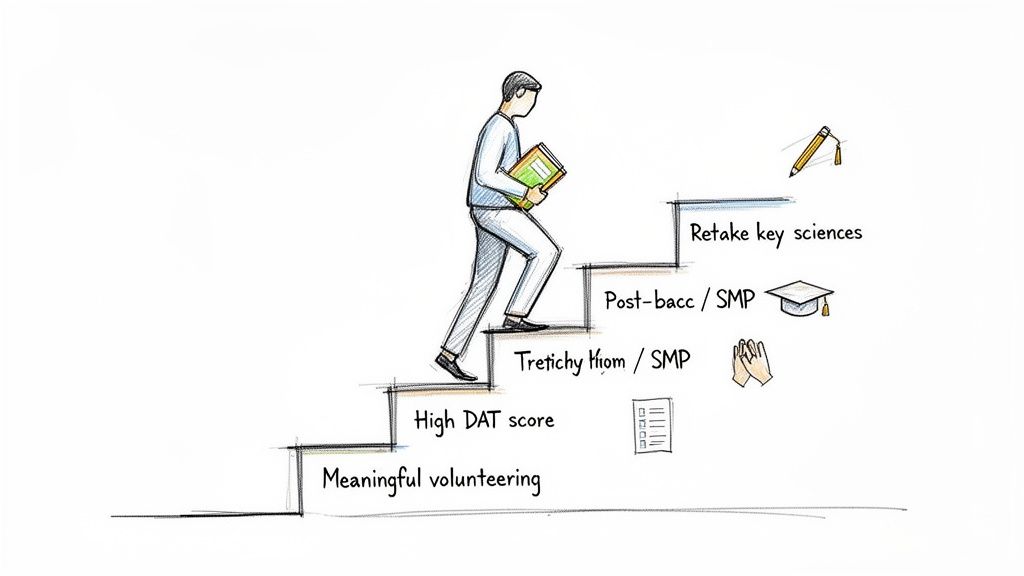 A person climbs stairs, each step detailing requirements like 'High DAT score' for academic or career advancement.