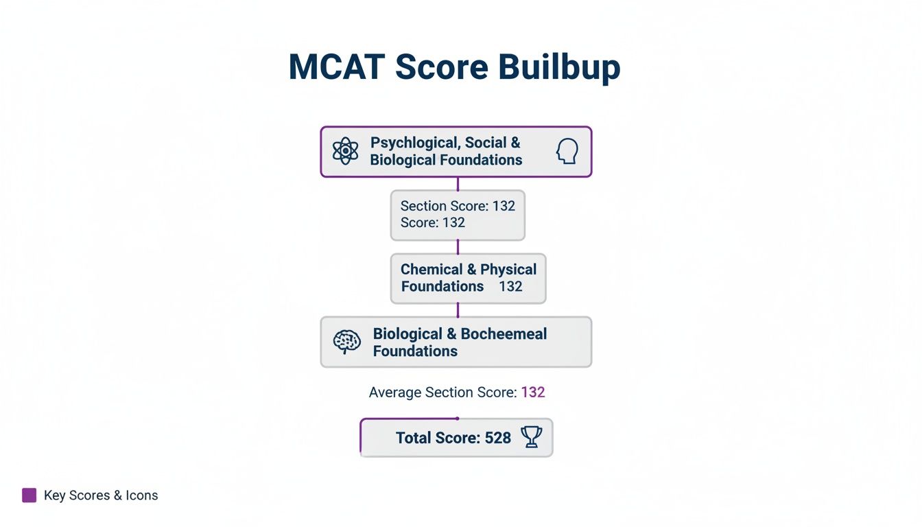 A diagram titled MCAT Score Buildup, showing a perfect 528 total score from three sections.