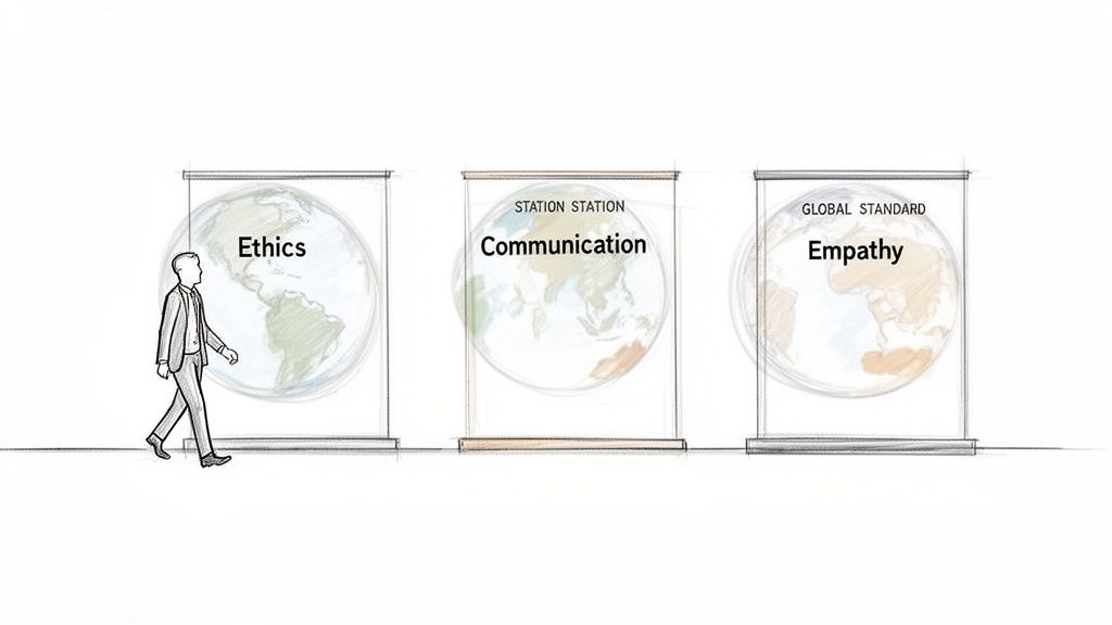 A person walks past three translucent globes representing ethics, communication, and empathy.