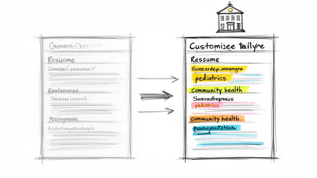 A generic resume transforms into a customized resume with keywords like 'pediatrics' highlighted, tailored for a school.