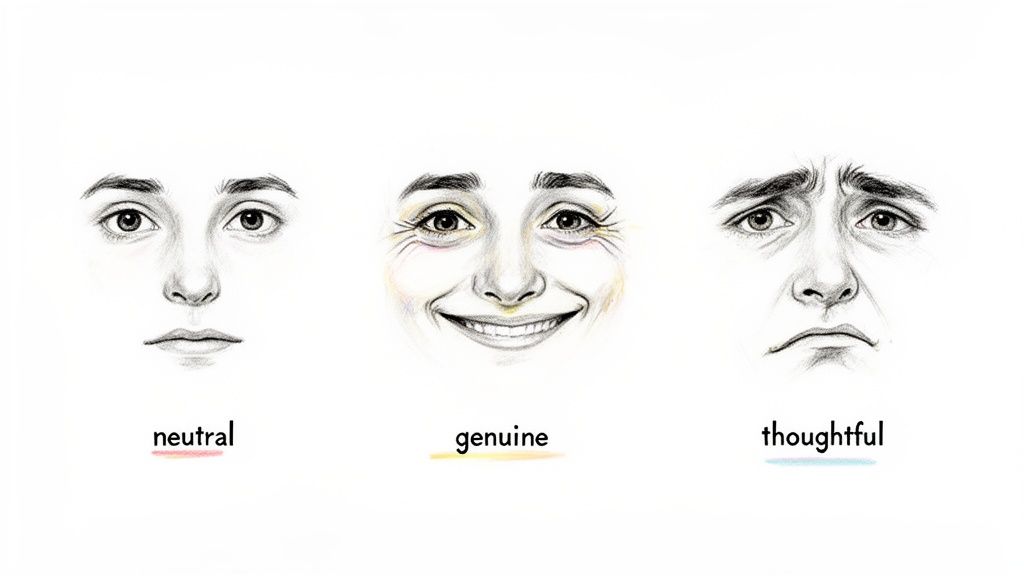 A pencil drawing showing three facial expressions: neutral, a genuine smile, and a thoughtful frown.