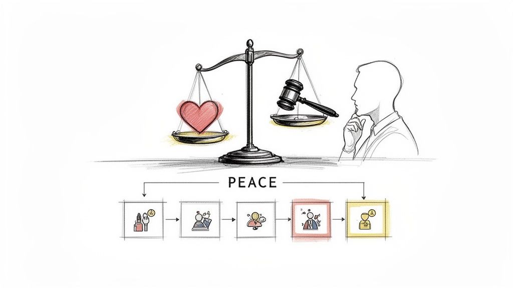 A drawing shows scales balancing a heart and a gavel, with a man contemplating. Below, icons suggest steps towards peace.
