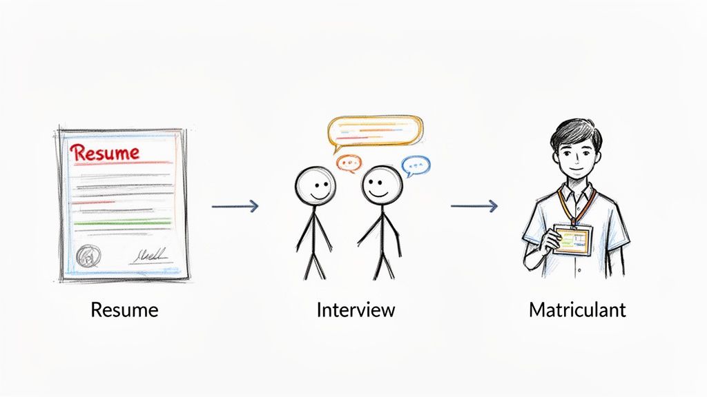 A three-step diagram showing the process from resume submission, to interview, to becoming a matriculant.