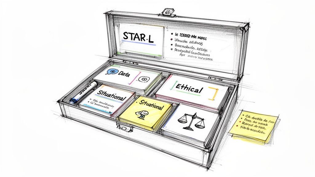 A hand-drawn illustration of an open briefcase containing a STAR-L framework toolkit with cards for Data, Situational, and Ethical.