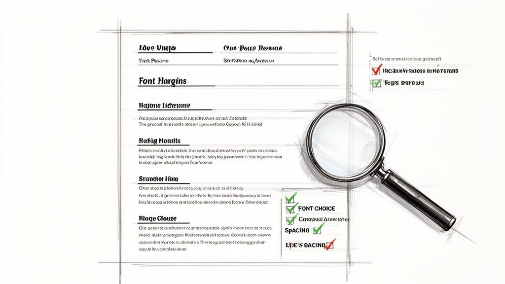 A conceptual sketch shows a resume document with formatting elements, under a magnifying glass, indicating a review process.