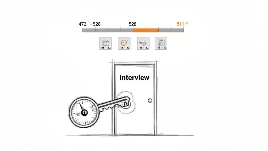 A key-shaped gauge opens an 'Interview' door, with MCAT score ranges and section scores displayed above.