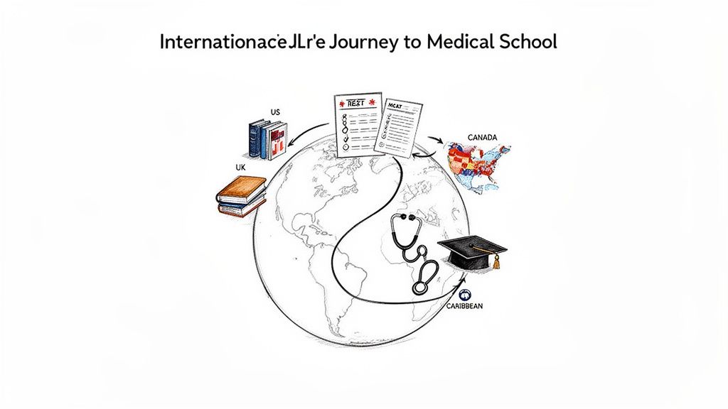 Diagram illustrating an international student's journey to medical school, showing different paths and requirements.