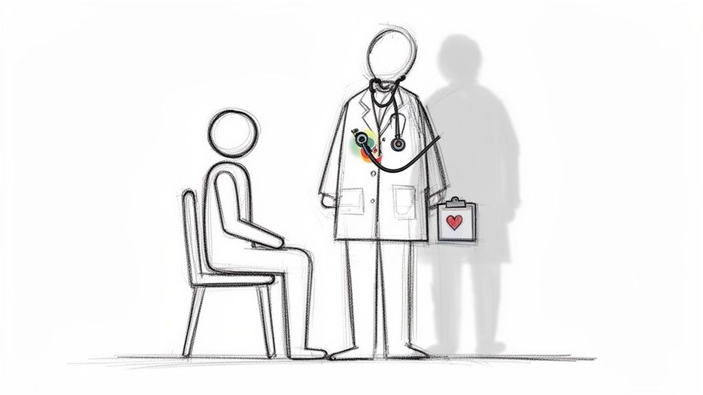 A line art sketch depicts a doctor using a stethoscope on a patient during a medical consultation.