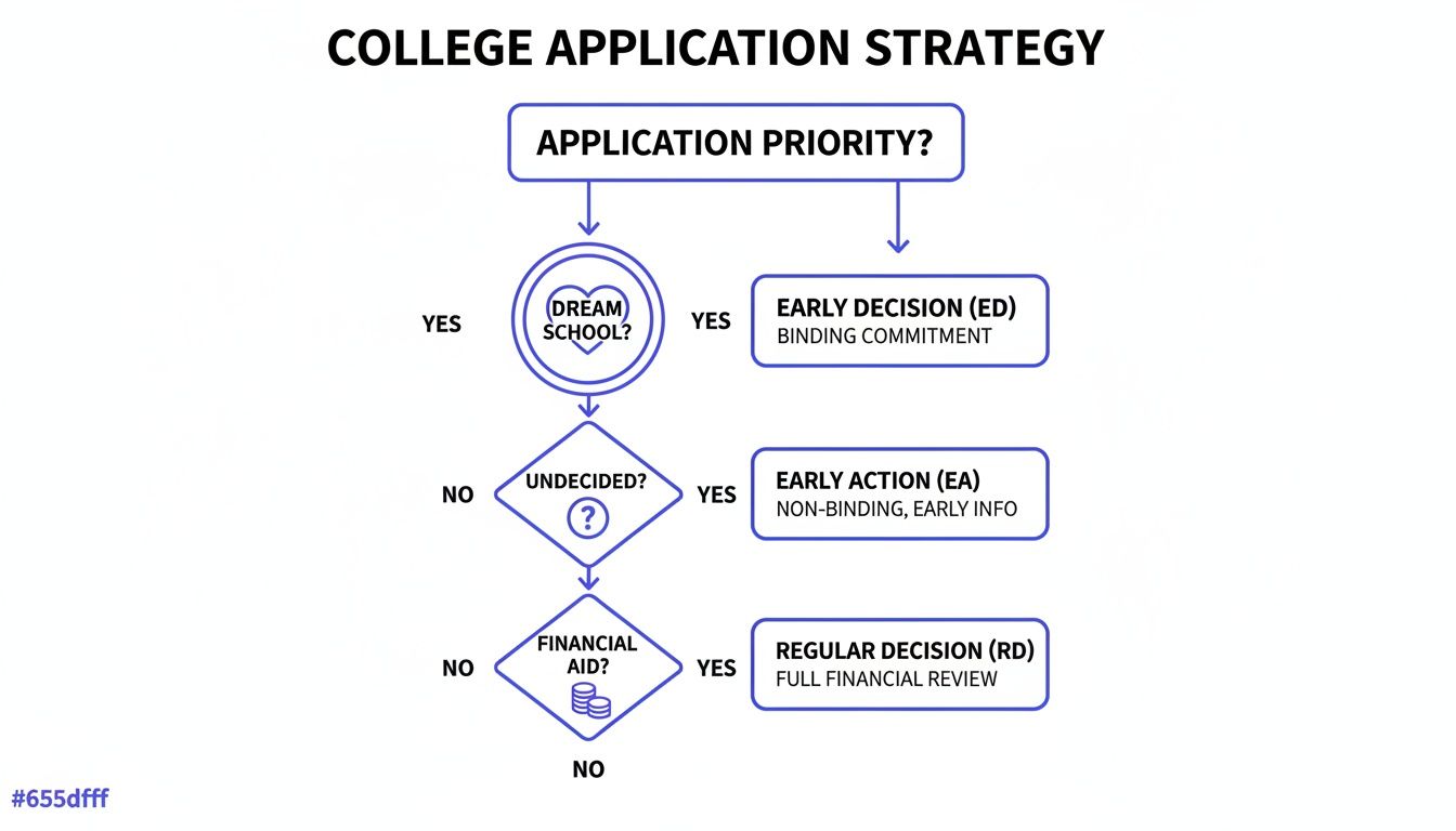 Flowchart illustrating college application strategies: Early Decision, Early Action, and Regular Decision paths.